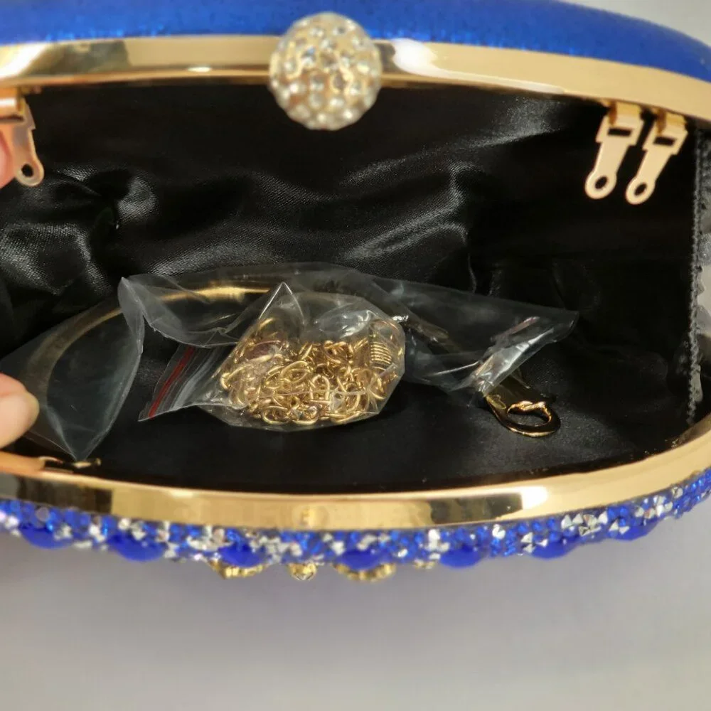Blue Crystal Embellished Evening Clutch Bag Gold Handle & Chain Strap By RAMLA! - Picture 11 of 11